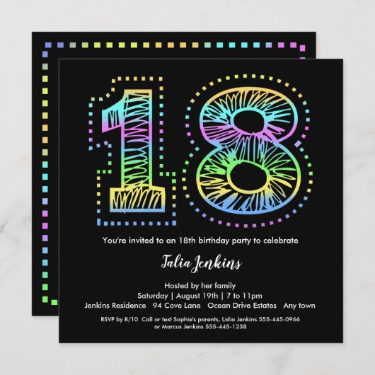 黒番クール18歳の誕生日パーティーの招待状 招待状 (正面/裏面)
