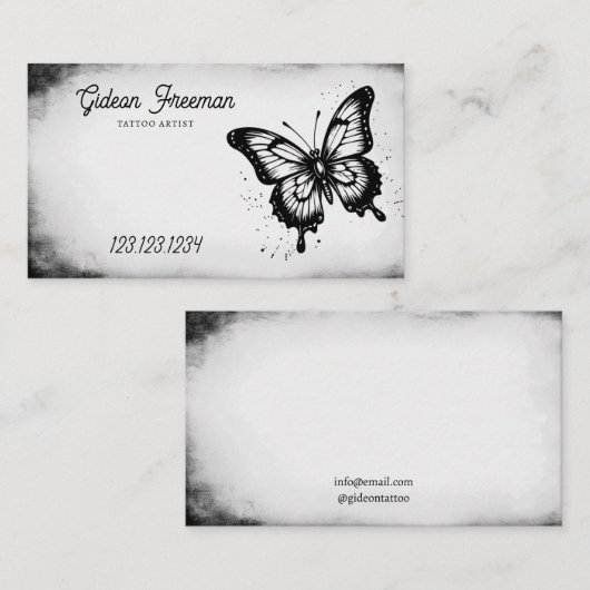 黒白きらめく蝶タトゥーアーティスト 名刺 (正面/裏面)