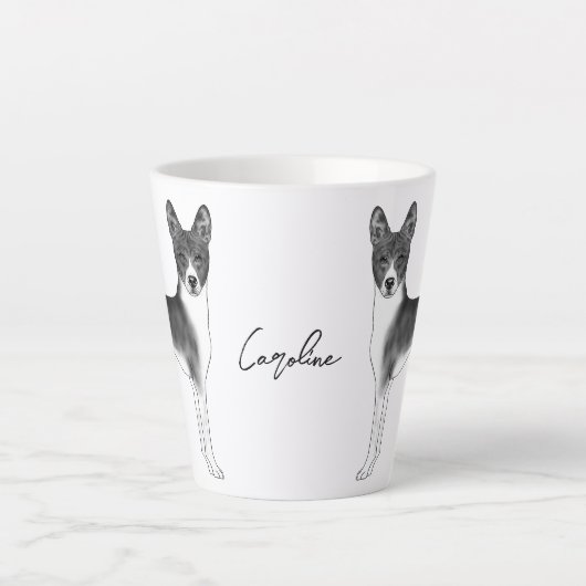 黒白のかわいい馬船寺犬&名前をカスタムする カフェラテマグ (正面)