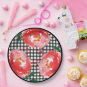 黒白のギンガムに赤いバラ ペーパープレート (パーティー)