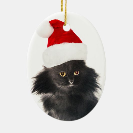 黒白のクリスマス猫 サンタクロースの帽子をかぶった セラミックオーナメント (裏面)