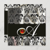 黒白のシルクダマスク生地に赤いルビーのモノグラム 招待状 (正面/裏面)