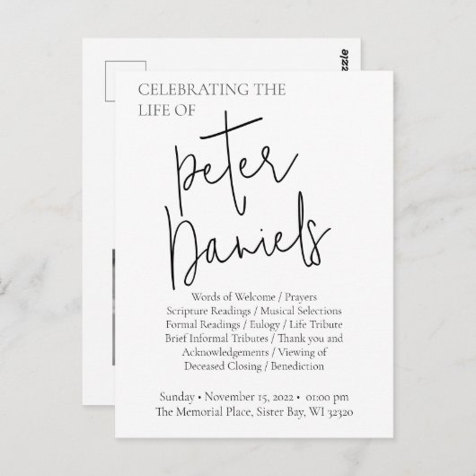 黒白のスクリプト写真 葬儀 ポストカード (正面/裏面)