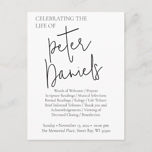 黒白のスクリプト写真 葬儀 ポストカード (正面)