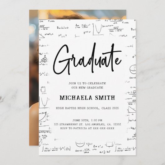 黒白のスクリプト卒業数学写真 卒業式 招待状 (正面/裏面)