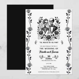 黒白のスケルトン花柄ローズワインブラックのウェディング 招待状