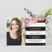 黒白のストライプ、ピンクの花の写真 卒業式 招待状 (スタンド正面)