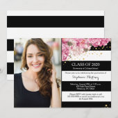 黒白のストライプ、ピンクの花の写真 卒業式 招待状 (正面/裏面)