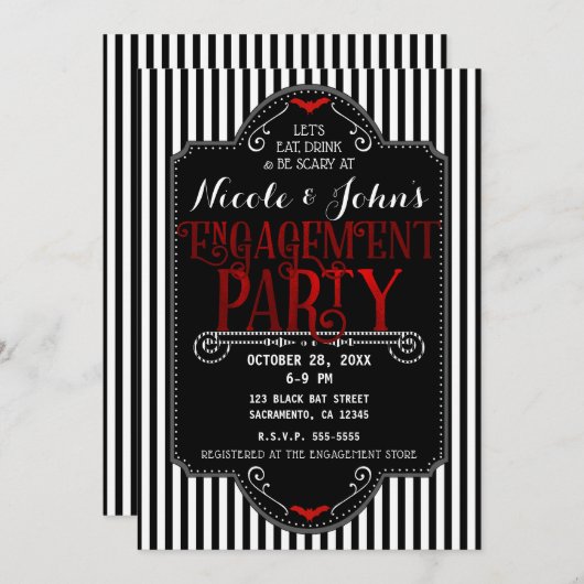 黒白のストライプ 赤いゴシックエンゲージメントパーティー 招待状 (正面/裏面)