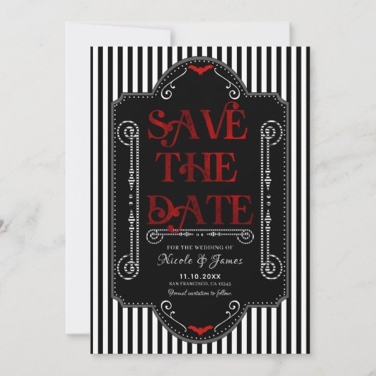 黒白のストライプ 赤 ゴシック バット ウェディング セーブザデート (正面)