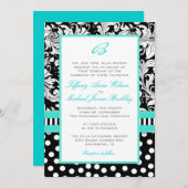 黒白のダマスクターコイズの結婚式招待状 招待状 (正面/裏面)