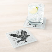 黒白のラベ飛んでいるン・リノ・カット ガラスコースター (アングル)