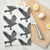 黒白のラベ飛んでいるン・リノ・カット キッチンタオル (四つ折り)