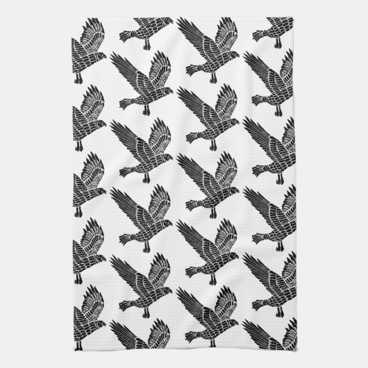 黒白のラベ飛んでいるン・リノ・カット キッチンタオル (縦)