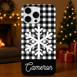 黒白の市松模様と雪の結晶のカスタムネーム iPhone 16 PRO MAXケース