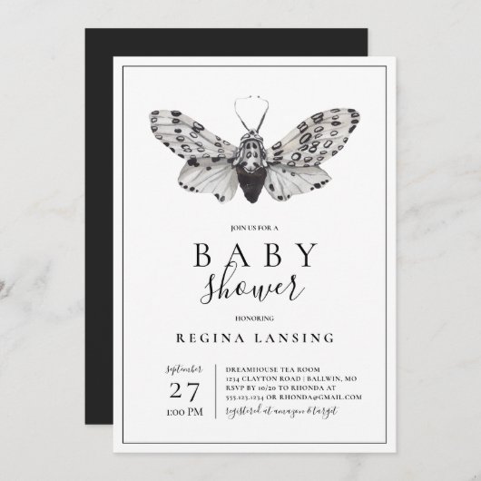 黒白の愛あなた蛾の赤ちゃんシャワー 招待状 (正面/裏面)