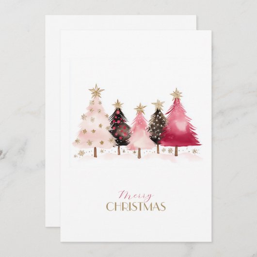 黒白の手描きピンクツリーのクリスマス シーズンカード (正面/裏面)