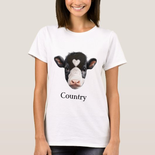 黒白の牛の顔 カントリー Tシャツ (正面)