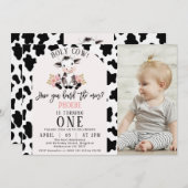黒白の牛柄写真 ホーリーカウ 1歳の誕生日 招待状 (正面/裏面)