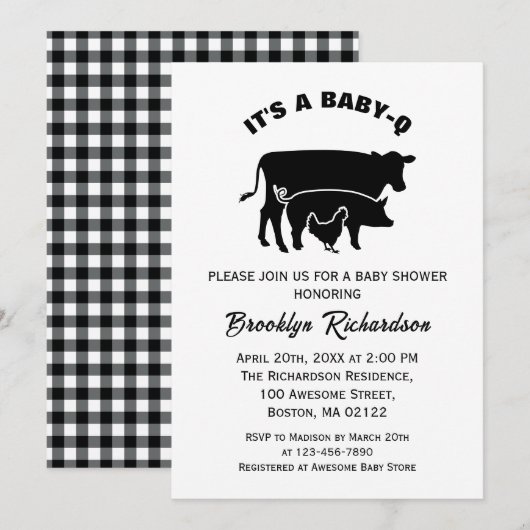 黒白の牛豚鶏 赤ちゃんQ BBQ ベビーシャワー 招待状 (正面/裏面)