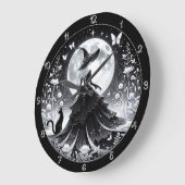 黒白の猫の魔女 ラージ壁時計 (傾斜)