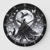 黒白の猫の魔女 ラージ壁時計 (正面)