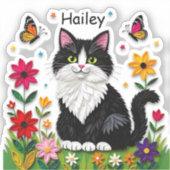 黒白の猫、花と蝶々 シール (正面)