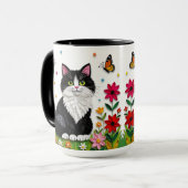黒白の猫、花と蝶々 マグカップ (正面左)