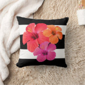 黒白の花にハイビスカスのストライプ花 クッション (ブランケット)