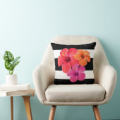 黒白の花にハイビスカスのストライプ花 クッション (椅子)