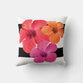 黒白の花にハイビスカスのストライプ花 クッション (裏面)