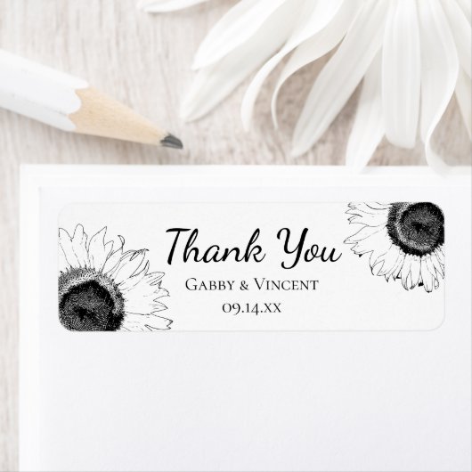 黒白ひまわりサンフラワーサンキューメッセージカード ラベル (インサイチュ)