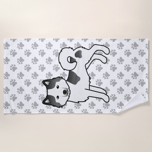 黒白アラスカン・マラミュート かわいいキャラクター 犬 ビーチタオル (正面)