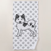 黒白アラスカン・マラミュート かわいいキャラクター 犬 ビーチタオル (正面)