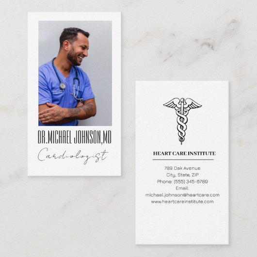 黒白エレガント心臓専門医ドクターフォト 名刺 (正面/裏面)