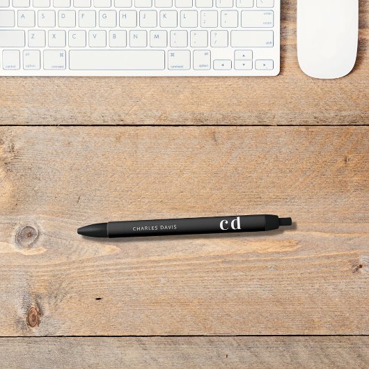 黒白カスタムモノグラム名前ミニマリスト 黒ボールペン