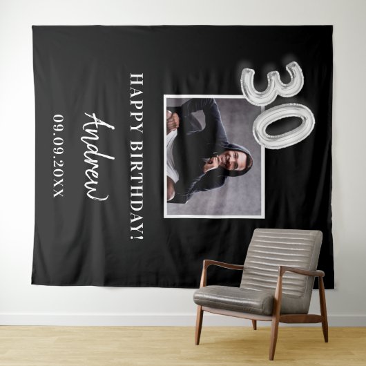 黒白カスタム写真名の男性 30歳の誕生日 タペストリー (インサイチュ(横))