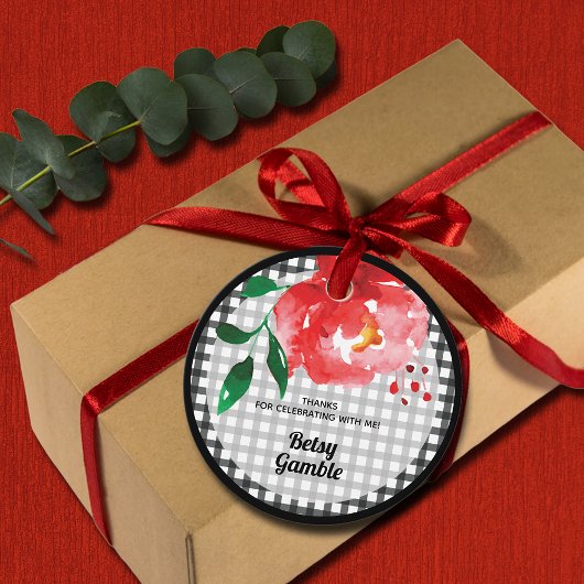 黒白ギンガムに赤いバラのウェディングシャワー フェイバータグ