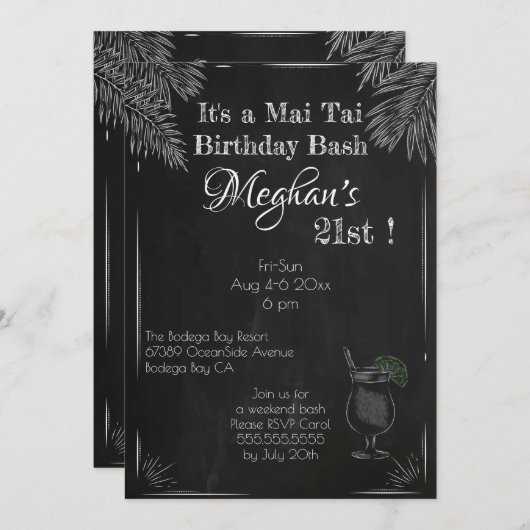 黒白シャルボード21歳の誕生日マイタイ 招待状 (正面/裏面)