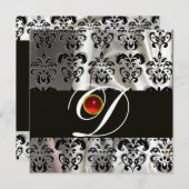 黒白シルクダマスク織物 モノグラム 赤ルビー 招待状 (正面/裏面)