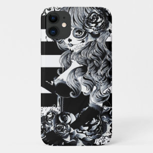 黒白ストライプの死んだ砂糖スカル iPhone 11 ケース