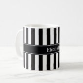 黒白ストライプ 黒 名前 モノグラム コーヒーマグカップ (正面左)