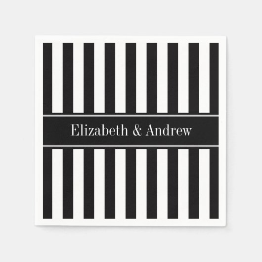 黒白ストライプ 黒 名前 モノグラム スタンダードカクテルナプキン (正面)