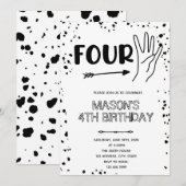 黒白ハンドジェスチャー4歳誕生日 招待状 (正面/裏面)