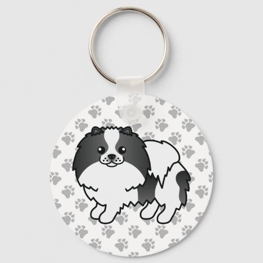 黒白パーティカラーポメラニアン カートゥーン 犬 イラスト キーホルダー (正面)