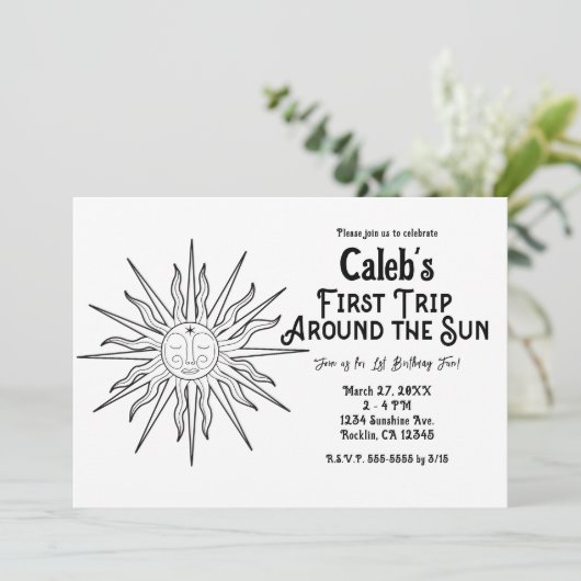 黒白ファーストトリップサンのまわりに1st誕生日 招待状 (スタンド正面)