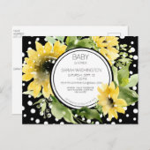 黒白ポルカひまわり点々のある赤ちゃんシャワー インビテーションポストカード (正面/裏面)