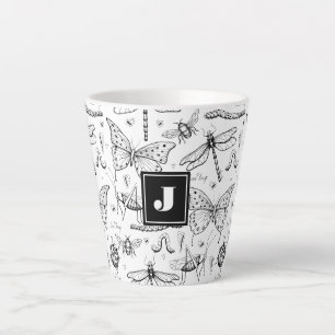黒白モダン昆虫イラストレーションモノグラム カフェラテマグ