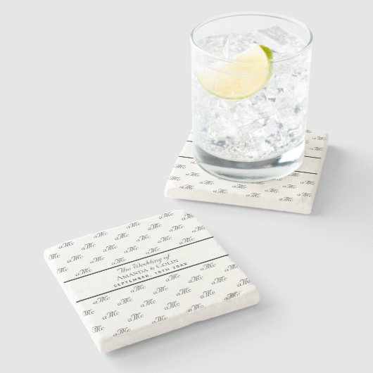 黒白モノグラムイニシャル結婚式 Save the Date ストーンコースター (横)