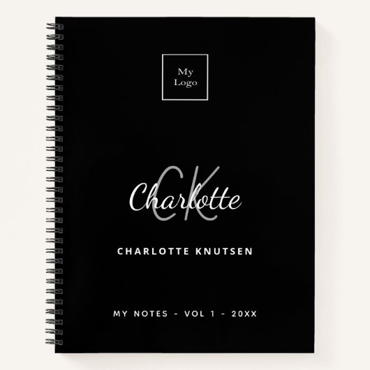 黒白モノグラム名ロゴビジネス ノートブック (正面)